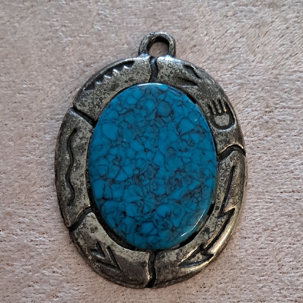Faux Turquoise and Silvertone Bear Native Bell Trading Co Pendant Southwestern